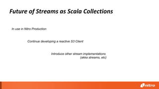 Future of Streams as Scala Collections
Continue developing a reactive S3 Client
In use in Nitro Production
Introduce other stream implementations
(akka streams, etc)
 