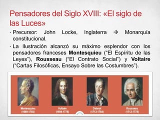 Pensadores del Siglo XVIII: «El siglo de
las Luces»
• Precursor: John Locke, Inglaterra  Monarquía
constitucional.
• La Ilustración alcanzó su máximo esplendor con los
pensadores franceses Montesquieu (“El Espíritu de las
Leyes”), Rousseau (“El Contrato Social”) y Voltaire
(“Cartas Filosóficas, Ensayo Sobre las Costumbres”).
 