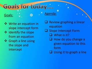 Goals:
 Write an equation in
slope intercept form
 Identify the slope
from an equation
 Graph a line using
the slope and
intercept
Agenda:
 Review graphing a linear
equation
 Slope Intercept Form
 What is it?
 How do you change a
given equation to this
form
 Using it to graph a line
 