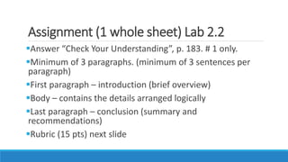 Assignment (1 whole sheet) Lab 2.2
Answer “Check Your Understanding”, p. 183. # 1 only.
Minimum of 3 paragraphs. (minimum of 3 sentences per
paragraph)
First paragraph – introduction (brief overview)
Body – contains the details arranged logically
Last paragraph – conclusion (summary and
recommendations)
Rubric (15 pts) next slide
 