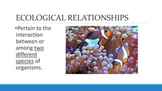 ECOLOGICAL RELATIONSHIPS
Pertain to the
interaction
between or
among two
different
species of
organisms.
 