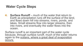 Water Cycle Steps
4. Surface Runoff – much of the water that return to
Earth as precipitation runs off the surface of the land,
and flows down hill into streams, rivers, ponds, and
lakes. Small streams flow into larger streams, then
into rivers, and eventually the water flows into the
ocean.
Surface runoff is an important part of the water cycle
because, through surface runoff, much of the water returns
again to the oceans, where a great deal of evaporation
occurs
 