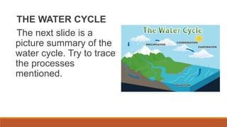 THE WATER CYCLE
The next slide is a
picture summary of the
water cycle. Try to trace
the processes
mentioned.
 