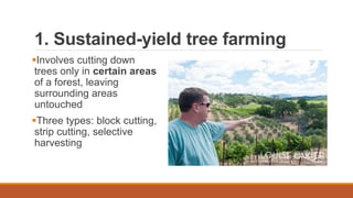 1. Sustained-yield tree farming
Involves cutting down
trees only in certain areas
of a forest, leaving
surrounding areas
untouched
Three types: block cutting,
strip cutting, selective
harvesting
 