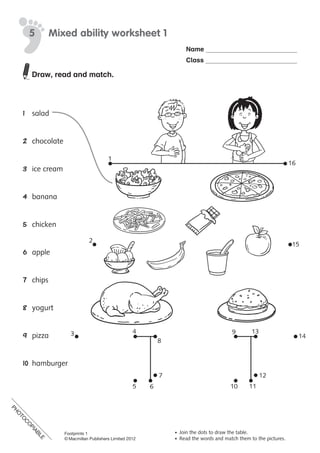 PH
O
TO
C
O
PIABLE
Name
Class
©	Macmillan	Publishers	Limited	2008
PH
O
TO
CO
PIABLE
5 Mixed ability worksheet 1
•	 Join	the	dots	to	draw	the	table.
•	 Read	the	words	and	match	them	to	the	pictures.
1
2
3 4
5 6
7
8
9
10 11
12
13
14
15
16
Draw, read and match.
1	 salad
2	 chocolate
3	 ice	cream
4	 banana
5	 chicken
6	 apple
7	 chips
8	 yogurt
9	 pizza
10	 hamburger
PH
O
TO
C
O
PIABLE
Footprints 1
© Macmillan Publishers Limited 2012
 