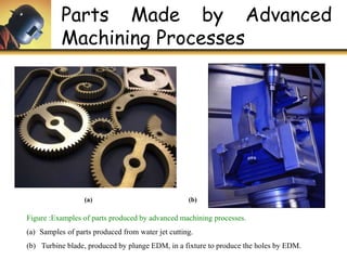 Parts Made by Advanced
Machining Processes
Figure :Examples of parts produced by advanced machining processes.
(a) Samples of parts produced from water jet cutting.
(b) Turbine blade, produced by plunge EDM, in a fixture to produce the holes by EDM.
(a) (b)
 
