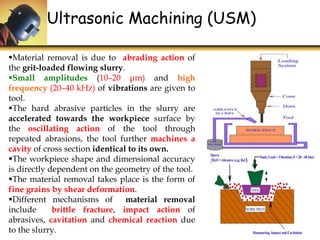 Material removal is due to abrading action of
the grit-loaded flowing slurry.
Small amplitudes (10–20 μm) and high
frequency (20–40 kHz) of vibrations are given to
tool.
The hard abrasive particles in the slurry are
accelerated towards the workpiece surface by
the oscillating action of the tool through
repeated abrasions, the tool further machines a
cavity of cross section identical to its own.
The workpiece shape and dimensional accuracy
is directly dependent on the geometry of the tool.
The material removal takes place is the form of
fine grains by shear deformation.
Different mechanisms of material removal
include brittle fracture, impact action of
abrasives, cavitation and chemical reaction due
to the slurry.
Ultrasonic Machining (USM)
 