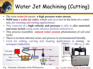 Water Jet Machining (Cutting)
Fig. : Schematic illustration of the WJM process
• The term water jet means a high pressure water stream.
• WJM uses a water jet cutter, which acts as a tool in the form of a water-
saw, for cleaning and cutting applications.
• This water-jet at a high velocity and pressure is able to slice materials
and some metals using some abrasive particles mixed in it.
• This process resembles natural water erosion phenomenon of soil and
rocks.
• There is no heat-affected zones and process is environmental friendly.
• Used for cutting, carving and shaping applications in mining to
aerospace industries.
Fig. : A CNC WJM cutting a granite plate
 