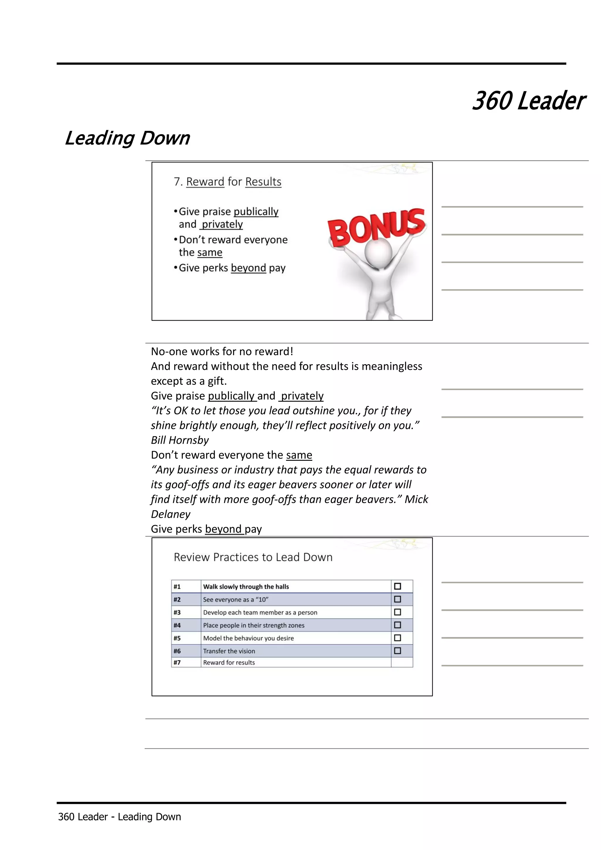 360 Leader - Leading Down
360 Leader
Leading Down
No-one works for no reward!
And reward without the need for results is meaningless
except as a gift.
Give praise publically and privately
“It’s OK to let those you lead outshine you., for if they
shine brightly enough, they’ll reflect positively on you.”
Bill Hornsby
Don’t reward everyone the same
“Any business or industry that pays the equal rewards to
its goof-offs and its eager beavers sooner or later will
find itself with more goof-offs than eager beavers.” Mick
Delaney
Give perks beyond pay
 