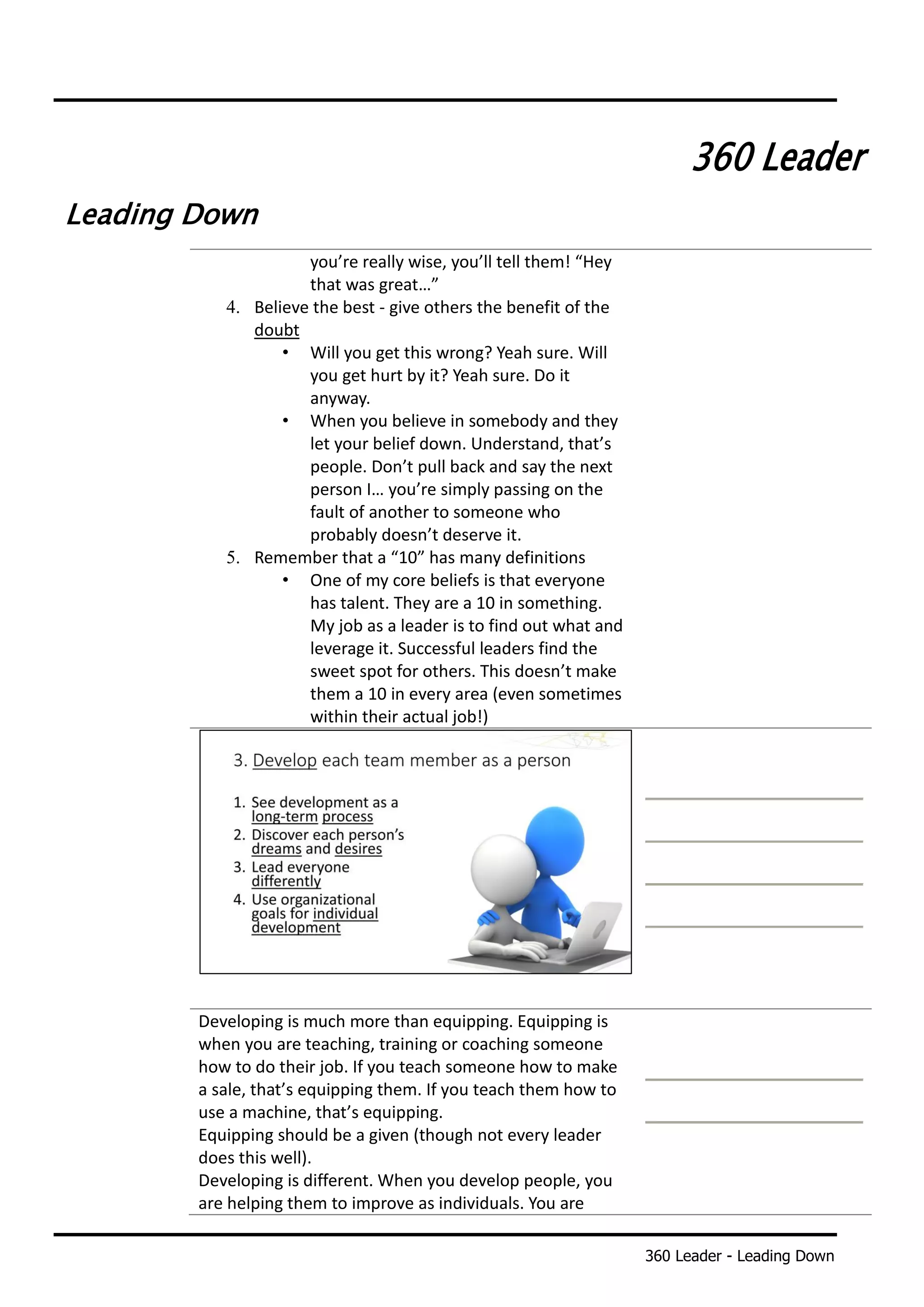 360 Leader - Leading Down
360 Leader
Leading Down
you’re really wise, you’ll tell them! “Hey
that was great…”
4. Believe the best - give others the benefit of the
doubt
• Will you get this wrong? Yeah sure. Will
you get hurt by it? Yeah sure. Do it
anyway.
• When you believe in somebody and they
let your belief down. Understand, that’s
people. Don’t pull back and say the next
person I… you’re simply passing on the
fault of another to someone who
probably doesn’t deserve it.
5. Remember that a “10” has many definitions
• One of my core beliefs is that everyone
has talent. They are a 10 in something.
My job as a leader is to find out what and
leverage it. Successful leaders find the
sweet spot for others. This doesn’t make
them a 10 in every area (even sometimes
within their actual job!)
Developing is much more than equipping. Equipping is
when you are teaching, training or coaching someone
how to do their job. If you teach someone how to make
a sale, that’s equipping them. If you teach them how to
use a machine, that’s equipping.
Equipping should be a given (though not every leader
does this well).
Developing is different. When you develop people, you
are helping them to improve as individuals. You are
 