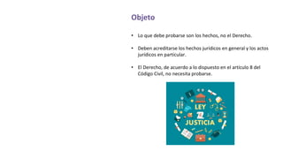 Objeto
• Lo que debe probarse son los hechos, no el Derecho.
• Deben acreditarse los hechos jurídicos en general y los actos
jurídicos en particular.
• El Derecho, de acuerdo a lo dispuesto en el artículo 8 del
Código Civil, no necesita probarse.
LEY
JUSTICIA
 
