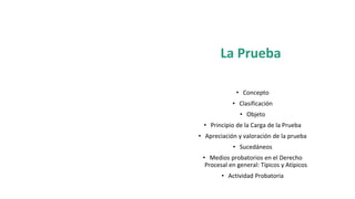 La Prueba
• Concepto
• Clasificación
• Objeto
• Principio de la Carga de la Prueba
• Apreciación y valoración de la prueba
• Sucedáneos
• Medios probatorios en el Derecho
Procesal en general: Típicos y Atípicos
• Actividad Probatoria
 