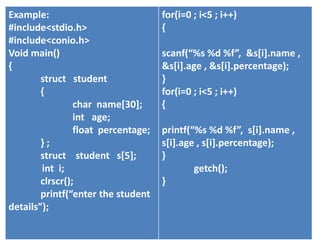 Example:
#include<stdio.h>
#include<conio.h>
Void main()
{
struct student
{
char name[30];
int age;
float percentage;
} ;
struct student s[5];
int i;
clrscr();
printf(“enter the student
details”);
for(i=0 ; i<5 ; i++)
{
scanf(“%s %d %f”, &s[i].name ,
&s[i].age , &s[i].percentage);
}
for(i=0 ; i<5 ; i++)
{
printf(“%s %d %f”, s[i].name ,
s[i].age , s[i].percentage);
}
getch();
}
 