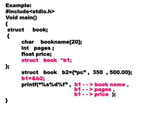Example:
#include<stdio.h>
Void main()
{
struct book;
{
char bookname[20];
int pages ;
float price;
struct book *b1;
};
struct book b2={“pc” , 350 , 500.00};
b1=&b2;
printf(“%s%d%f” , b1 - - > book name ,
b1 - - > pages ,
b1 - - > price );
}
 