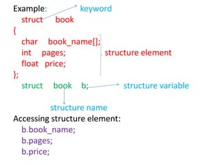 Example: keyword
struct book
{
char book_name[];
int pages; structure element
float price;
};
struct book b; structure variable
structure name
Accessing structure element:
b.book_name;
b.pages;
b.price;
 