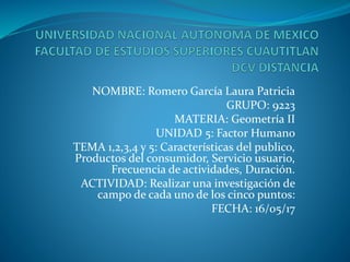 NOMBRE: Romero García Laura Patricia
GRUPO: 9223
MATERIA: Geometría II
UNIDAD 5: Factor Humano
TEMA 1,2,3,4 y 5: Características del publico,
Productos del consumidor, Servicio usuario,
Frecuencia de actividades, Duración.
ACTIVIDAD: Realizar una investigación de
campo de cada uno de los cinco puntos:
FECHA: 16/05/17
 