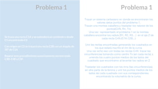 Problema 1
Se traza una recta C1A y se extenderá un centímetro desde
C1 encontrando C2.
Con origen en C2 se trazará una recta C2B con un ángulo de
30º de C1A.
Repetir este procedimiento sucesivamente encontrando
C3D, C4E y C5F.
Problema 1 Problema 1
Trazar un sistema cartesiano en donde se encontraran los
valores delos puntos del problema 1.
Trazan una montea caballera y trasladar los valores de los
puntos(CnN, Rn, Tn)
Una vez representado el problema 1 en la montea
caballera encontrar los radios (R1, R2, R3…) en el eje Z de
cada recta CnN (C1A C2B...)
Unir las rectas encontradas generando los cuadrados en
los que estará inscrito el rim de la curva.
Una vez echo eso con todas las rectas CnN trazar las
circunferencias tomando como centro Tn (en cada recta) y
uniendo los cuatro puntos medios de los lados del
cuadrado que encontraron al levantar los radios en Z
Trasladar los cuadrados con los rims (las circunferencias)
en otra parte de la lámina y unir los puntos medios de los
lados de cada cuadrado con sus correspondientes
encontrando la volumetría de la curva.
 