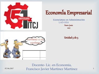 07/06/2017 1
EconomÍa Empresarial
Licenciatura en Administración
LAD-1014
Enero- Junio
2017
Docente- Lic. en Economía,
Francisco Javier Martínez Martínez
Unidad 5 de 5
 