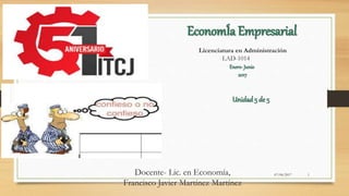 07/06/2017 1
EconomÍa Empresarial
Licenciatura en Administración
LAD-1014
Enero-Junio
2017
Docente- Lic. en Economía,
Francisco Javier Martínez Martínez
Unidad 5 de 5
 