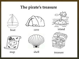 The pirate’s treasure
boat cave island
map shell treasure
 