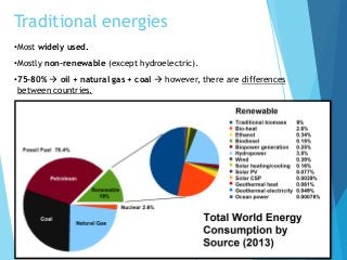 Traditional energies
•Most widely used.
•Mostly non-renewable (except hydroelectric).
•75-80%  oil + natural gas + coal  however, there are differences
between countries.
 