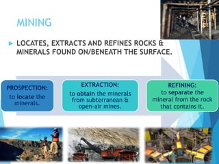 MINING
 LOCATES, EXTRACTS AND REFINES ROCKS &
MINERALS FOUND ON/BENEATH THE SURFACE.
PROSPECTION:
to locate the
minerals.
EXTRACTION:
to obtain the minerals
from subterranean &
open-air mines.
REFINING:
to separate the
mineral from the rock
that contains it.
 