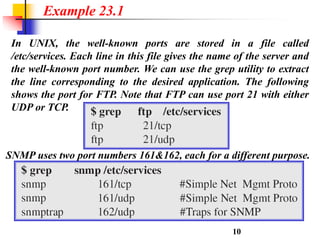 In UNIX, the well-known ports are stored in a file called
/etc/services. Each line in this file gives the name of the server and
the well-known port number. We can use the grep utility to extract
the line corresponding to the desired application. The following
shows the port for FTP. Note that FTP can use port 21 with either
UDP or TCP.
Example 23.1
10
SNMP uses two port numbers 161&162, each for a different purpose.
 