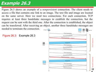 Figure 26.3 shows an example of a nonpersistent connection. The client needs to
access a file that contains one link to an image. The text file and image are located
on the same server. Here we need two connections. For each connection, TCP
requires at least three handshake messages to establish the connection, but the
request can be sent with the third one. After the connection is established, the object
can be transferred. After receiving an object, another three handshake messages are
needed to terminate the connection.
Example 26.3
12
Figure 26.3: Example 26.3
 