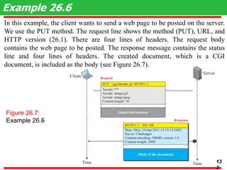 In this example, the client wants to send a web page to be posted on the server.
We use the PUT method. The request line shows the method (PUT), URL, and
HTTP version (26.1). There are four lines of headers. The request body
contains the web page to be posted. The response message contains the status
line and four lines of headers. The created document, which is a CGI
document, is included as the body (see Figure 26.7).
Example 26.6
Figure 26.7:
Example 26.6
13
3
 