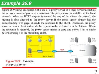 Figure 26.9 shows an example of a use of a proxy server in a local network, such as
the network on a campus or in a company. The proxy server is installed in the local
network. When an HTTP request is created by any of the clients (browsers), the
request is first directed to the proxy server If the proxy server already has the
corresponding web page, it sends the response to the client. Otherwise, the proxy
server acts as a client and sends the request to the web server in the Internet. When
the response is returned, the proxy server makes a copy and stores it in its cache
before sending it to the requesting client.
Example 26.9
13
Figure 26.9: Example
of a proxy server
 