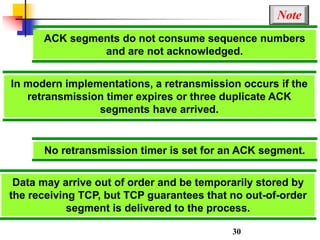 ACK segments do not consume sequence numbers
and are not acknowledged.
Note
In modern implementations, a retransmission occurs if the
retransmission timer expires or three duplicate ACK
segments have arrived.
No retransmission timer is set for an ACK segment.
Data may arrive out of order and be temporarily stored by
the receiving TCP, but TCP guarantees that no out-of-order
segment is delivered to the process.
30
 