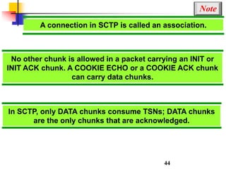 A connection in SCTP is called an association.
Note
No other chunk is allowed in a packet carrying an INIT or
INIT ACK chunk. A COOKIE ECHO or a COOKIE ACK chunk
can carry data chunks.
In SCTP, only DATA chunks consume TSNs; DATA chunks
are the only chunks that are acknowledged.
44
 