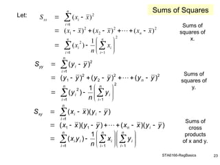 STA6166-RegBasics 23
Let:
 

 


















n
i
n
i
i
i
n
n
i
i
xx
x
n
x
x
x
x
x
x
x
x
x
S
1
2
1
2
2
2
2
2
1
1
2
1
)
(
)
(
)
(
)
(
)
(

 

 




















n
i
n
i
i
i
n
n
i
i
yy
y
n
y
y
y
y
y
y
y
y
y
S
1
2
1
2
2
2
2
2
1
1
2
1
)
(
)
(
)
(
)
(
)
(

 


 






























n
i
n
i
i
n
i
i
i
i
i
n
n
i
i
i
xy
y
x
n
y
x
y
y
x
x
y
y
x
x
y
y
x
x
S
1 1
1
1
1
1
1
)
(
)
)(
(
)
)(
(
)
)(
(

Sums of
squares of
x.
Sums of
squares of
y.
Sums of
cross
products
of x and y.
Sums of Squares
 