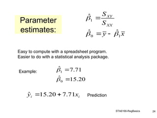 STA6166-RegBasics 24
Easy to compute with a spreadsheet program.
Easier to do with a statistical analysis package.
Example:
Prediction
Parameter
estimates: x
y
S
S
XX
XY
1
0
1
ˆ
ˆ
ˆ






20
.
15
ˆ
71
.
7
ˆ
0
1




i
i x
y 71
.
7
20
.
15
ˆ 

 