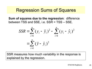 STA6166-RegBasics 28
Regression Sums of Squares
Sum of squares due to the regression: difference
between TSS and SSE, i.e. SSR = TSS – SSE.
SSR measures how much variability in the response is
explained by the regression.












n
i
i
n
i
i
i
n
i
i
i
y
y
y
y
y
y
SSR
1
2
1
2
1
2
)
ˆ
(
)
ˆ
(
)
(
 