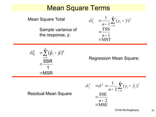 STA6166-RegBasics 31
Sample variance of
the response, y:
MST
1
TSS
)
(
1
1
ˆ
1
2
2
T





 

n
y
y
n
n
i
i

Mean Square Total
Regression Mean Square:
MSR
1
SSR
)
ˆ
(
ˆ
1
2
2
R





n
i
i y
y

MSE
2
SSE
)
ˆ
(
2
1
ˆ
ˆ
1
2
2
2






 

n
y
y
n
n
i
i
i


Residual Mean Square
Mean Square Terms
 