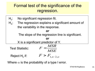 STA6166-RegBasics 33
H0: No significant regression fit.
HA: The regression explains a significant amount of
the variability in the response.
or
The slope of the regression line is significant.
or
X is a significant predictor of Y.
Reject H0 if:
Where  is the probability of a type I error.
Formal test of the significance of the
regression.
Test Statistic:

,
2
,
1 
 n
F
F
MSE
MSR
F 
 