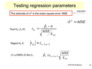 STA6166-RegBasics 39
The estimate of 2
is the mean square error: MSE
important
Test H0: 1=0:
Reject H0 if:
(1-)100% CI for 1:
Testing regression parameters
2
/
,
2
1 
 
 n
t
t
XX
n
S
MSE
t 2
/
,
2
1
ˆ

 

MSE

2
ˆ

XX
S
MSE
t
0
ˆ
1
1




 