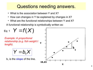 STA6166-RegBasics 8
• What is the association between Y and X?
• How can changes in Y be explained by changes in X?
• What are the functional relationships between Y and X?
A functional relationship is symbolically written as:
)
(X
f
Y 
Eq: 1
Example: A proportional
relationship (e.g. fish weight to
length).
X
b
Y 1

b1 is the slope of the line.
Questions needing answers.
 