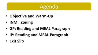 Objective and Warm-UpINM:  Zoning GP: Reading and MEAL ParagraphIP: Reading and MEAL ParagraphExit Slip Agenda