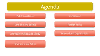 AgendaVocabulary Review Immigration Public AssistanceStructure and Organization of CongressForeign PolicyStructure and Judicial Review Land Use and Zoning International OrganizationsAffirmative Action and EquityEnvironmental Policy 