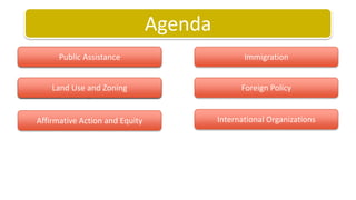 AgendaVocabulary Review Immigration Public AssistanceStructure and Organization of CongressForeign PolicyStructure and Judicial Review Land Use and Zoning International OrganizationsAffirmative Action and Equity