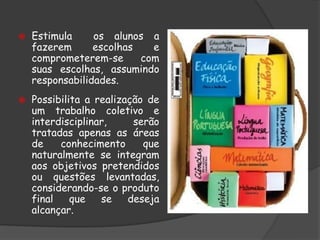



Estimula
os alunos a
fazerem
escolhas
e
comprometerem-se
com
suas escolhas, assumindo
responsabilidades.
Possibilita a realização de
um trabalho coletivo e
interdisciplinar,
serão
tratadas apenas as áreas
de
conhecimento
que
naturalmente se integram
aos objetivos pretendidos
ou questões levantadas,
considerando-se o produto
final
que
se
deseja
alcançar.

 