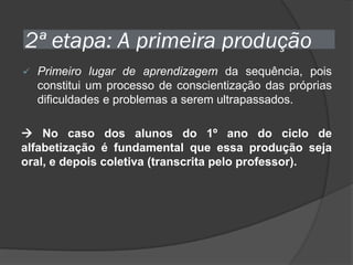 2ª etapa: A primeira produção


Primeiro lugar de aprendizagem da sequência, pois
constitui um processo de conscientização das próprias
dificuldades e problemas a serem ultrapassados.

 No caso dos alunos do 1º ano do ciclo de
alfabetização é fundamental que essa produção seja
oral, e depois coletiva (transcrita pelo professor).

 