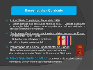 Bases legais - Currículo


Artigo 210 da Constituição Federal de 1988:

. Maior atenção aos conteúdos mínimos do E.F., visando assegurar
a formação básica comum e o respeito aos valores culturais e
artísticos nacionais e regionais.


Parâmetros Curriculares Nacionais - séries iniciais do Ensino
Fundamental (1997-1998):

. Subsídio para reflexões e tentativas
de reformulações nesse sentido.


Implantação do Ensino Fundamental de 9 anos:
. Reacendem e assumem relevância e prioridade as
discussões acerca das Diretrizes Curriculares Nacionais

-> Maior finalidade do MEC: promover a discussão sobre a
concepção de currículo e seus desdobramentos.

 
