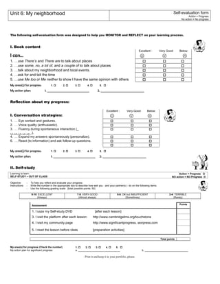 Unit 6: My neighborhood Self-evaluation form 
Action = Progress 
No action = No progress 
The following self-evaluation form was designed to help you MONITOR and REFLECT on your learning process. 
I. Book content 
Excellent : Very Good: Below: 
I can…    
1. …use There’s and There are to talk about places    
2. …use some, no, a lot of, and a couple of to talk about places    
3. …talk about my neighborhood and local events.    
4. …ask for and tell the time    
5. …use Me too or Me neither to show I have the same opinion with others    
My area(s) for progress: 1.  2.  3.  4.  5.  
My action plan: 1. ______________________________ 2. _______________________________ 
Reflection about my progress: 
Excellent : Very Good: Below: 
I. Conversation strategies:    
1. … Eye contact and gestures.    
2. … Voice quality (enthusiastic).    
3. … Fluency during spontaneous interaction (_ 
.(._ں_ں_ں_ں_ں 
   
4. … Expand my answers spontaneously (personalize).    
6. … React (to information) and ask follow-up questions.    
   
My area(s) for progress: 1.  2.  3.  4.  5.  
My action plan: 1. ______________________________ 2. _______________________________ 
II. Self-study 
Learning to learn 
SELF-STUDY – OUT OF CLASS 
Action = Progress  
NO action = NO Progress  
Objective: - To help you reflect and evaluate your progress 
Instructions: - Write the number in the appropriate box to describe how well you - and your partner(s) - do on the following items. 
- Use the following grading scale: {total possible points: 50) 
9-10: EXCELLENT 
(Always) 
7-8: VERY GOOD 
(Almost always) 
5-6: OK but INSUFFICIENT 
(Sometimes) 
2-4: TERRIBLE 
(Rarely) 
Assessment Points 
1. I usze my Self-study DVD [after each lesson] 
3. I visit the platform after each lesson: http://www.cambridgelms.org/touchstone 
4. I visit my community page http://www.significantprogress. worpress.com 
5. I read the lesson before class [preparation activities] 
Total points 
My area(s) for progress (Check the number) 1.  2.  3.  4.  5.  
My action plan for significant progress: a. ______________________________ b. _______________________________ 
Print it and keep it in your portfolio, please. 
