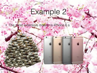 Example 2
• The most extensive mobile is iPhone 6 s
 