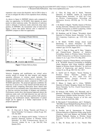 International Journal of Applied Engineering Research ISSN 0973-4562 Volume 13, Number 9 (2018) pp. 6926-6934
© Research India Publications. http://www.ripublication.com
6933
reputation value crosses the threshold. And in CRS-A there is
no way to mitigate the effect of low reputation from colluding
nodes.
As shown in figure 6, DSPDMT detects early compared to
other two approaches. In SFAD2H, Sink depends on report
packet to detect malicious nodes. The detection of malicious
nodes is delayed, if malicious nodes selectively drop report
packets. In DSPDMT, the incremental value of observation
figure 7 shows that packet delivery ratio is improved in
DSDPMT compare to other two approaches.
Figure 7. Packet Delivery Ratio
CONCLUSION
Selective dropping and modification are critical active
security attacks to disrupt the data integrity and degrade
operation efficiency in wireless sensor networks. The
proposed method is proven to be effective to detect selective
dropping and modification attacks compared to CRS-A and
SFAD2H approaches. The proposed approach establishes the
triple key to secure every 2-hop channel and Sink detects the
malicious nodes comparing observation factor shared from
nodes with its own estimated value. Early detection is possible
as Sink has real-time knowledge of droppers and modifiers.
Performance results show that proposed approach detects the
malicious nodes early with high detection rate and with low
false isolation even when bad nodes perform both selective
dropping and modification attacks. Optimization of packet
length can be applied as a further improvement to the
proposed approach.
REFERENCES
[1] H. Chan and A. Perrig, ”Security and Privacy in
Sensor Networks,” In Computer, volume 36, pp. 103-
105, Oct 2003.
[2] I. Butan, S. D. Morgera and R. Sankar, ”A Survey of
Intrusion Detection Systems in Wireless Sensor
Networks,” In IEEE Communications Surveys &
Tutorials, volume 16, no. 1, pp. 266–282, First
Quarter 2014.
[3] C. Chen, M. Song, and G. Hsieh, ”Intrusion
Detection of Sinkhole Attacks In Large-scale
Wireless Sensor Networks,” In IEEE Int’l Conf.
on Wireless Communications, Networking and
Information Security (WCNIS), pp. 711–716, June
2010.
[4] I. M. Khalil, S. Bagchi, ”Stealthy Attacks in Wireless
Ad Hoc Networks: Detection and Countermeasure,”
In IEEE Transactions on Mobile Computing, volume
10, no. 8, pp. 1096–1112, August 2011.
[5] M. Bendjima, and M. Feham, ”Wormhole Attack
Detection in Wireless Sensor Networks,” In Proc.
SAI Computing Conference, pp. 1319–1326, July
2016.
[6] I. M. Khalil, ”ELMO: Energy Aware Local
Monitoring in Sensor Networks,” In IEEE
Transactions on Dependable and Secure Computing,
volume 8, pp. 523-536, August 2011.
[7] J. Ren, Y. Zang, K. Zang, and X. Shen, ”Adaptive
and Channel-Aware Detection of Selective
Forwarding Attacks in Wireless Sensor Networks,”
In IEEE Transactions on Wireless Communications,
volume 15, no. 5, pp. 3718–3731, May 2016.
[8] Prathap U, Kiran K, P Deepa Shenoy, and Venugopal
K R, ”SFAD2H: Selective Forwarding or Dropping
Attack Detection with 2-Hop Acknowl- edgment
Support in Wireless Sensor Networks,” In American
Journal of Engineering and Applied Sciences,
volume 10, no. 04, pp. 908–918, Nov. 2017.
[9] C. Karlof and D. Wagner, ”Secure Routing in
Wireless Sensor Networks: Attacks and
Countermeasures,” In Proc. IEEE First Int’l
Workshop Sensor Network Protocols and
Applications, pp. 113–127, 2003.
[10] V. Bhuse, A. Gupta, and L. Lilien, ”DPDSN:
Detection of Packet- Dropping Attacks for Wireless
Sensor Networks,” In Proc. Fourth Trusted Internet
Workshop, 2005.
[11] M. Kefayati, H.R. Rabiee, S.G. Miremadi, and A.
Khonsari, ”Misbehav- ior Resilient Multi-Path Data
Transmission in Mobile Ad-Hoc Networks,” In Proc.
Fourth ACM Workshop Security of Ad Hoc and
Sensor Networks (SASN 06), 2006.
[12] R. Mavropodi, P. Kotzanikolaou, and C. Douligeris,
”SECMRa Secure Multipath Routing Protocol for Ad
Hoc Networks,” In Ad Hoc Networks, volume 5, pp.
87-99, 2007.
[13] B. Pavithra, and K. Satyanarayan R, ”Energy
Efficient Detection of Malicious Nodes using Secure
Clustering with Load Balance and Reliable Node
Disjoint Multipath Routing in Wireless Sensor
Networks,” In Proc. IEEE ICACCI, pp. 954–958,
2015.
[14] T. Shu, M. Krunz, and S. Liu, ”Secure Data
 