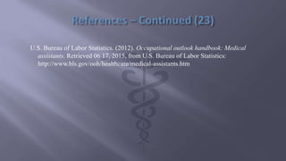 U.S. Bureau of Labor Statistics. (2012). Occupational outlook handbook: Medical
assistants. Retrieved 06 17, 2015, from U.S. Bureau of Labor Statistics:
http://www.bls.gov/ooh/healthcare/medical-assistants.htm
 