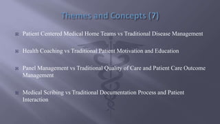 Patient Centered Medical Home Teams vs Traditional Disease Management
 Health Coaching vs Traditional Patient Motivation and Education
 Panel Management vs Traditional Quality of Care and Patient Care Outcome
Management
 Medical Scribing vs Traditional Documentation Process and Patient
Interaction
 